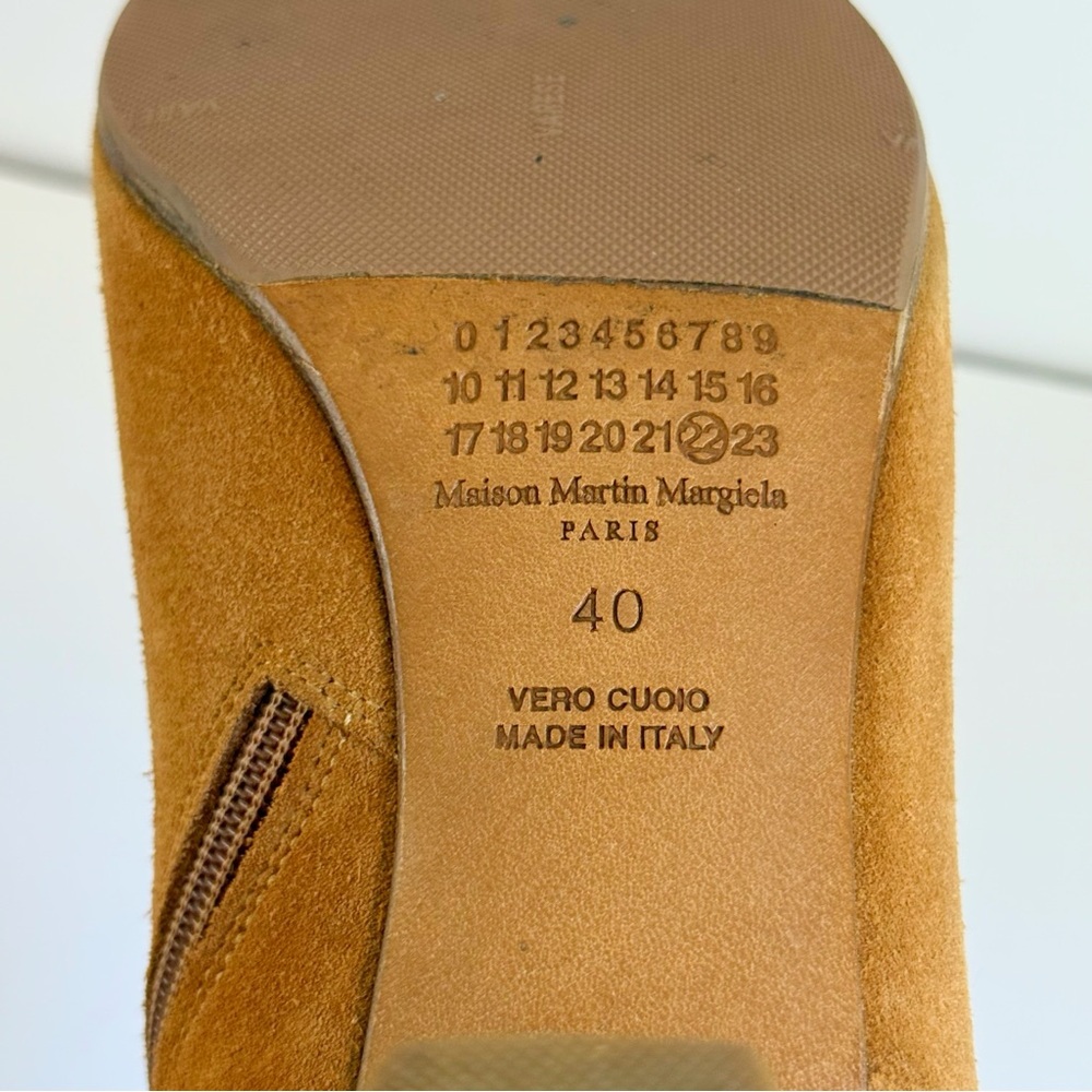 MAISON MARTIN MARGIELA TAN BROWN SUEDE PEEP TOE CHUNKY HEEL ANKLE BOOTS - Picture 10 of 10